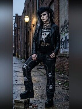 Goth Black Skull Patterned Jeans